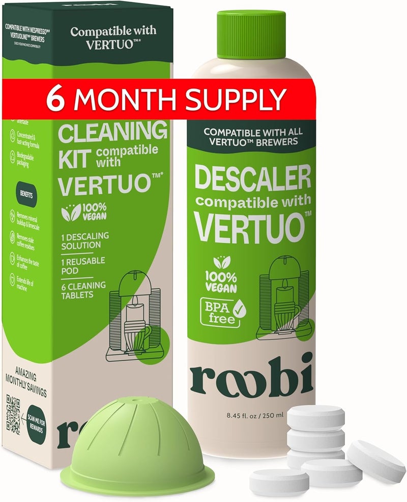 Roobi Nespresso Compatible Vertuo Cleaning & Descaling Kit. Includes 1 Bottle of Descaling Solution, 6 Cleaning Tablets and 1 Reusable Pod. Carbon Neutral Vertuoline Maintenance Kit. 6 Month Supply. - Image 1